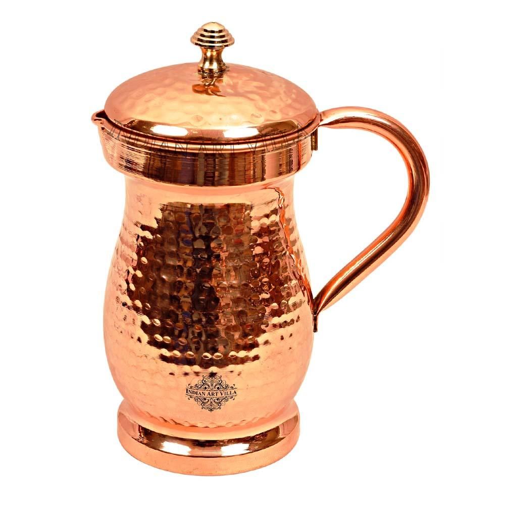 Pure copper hammered maharaja style jug with brass knob on lid, 1350 ML